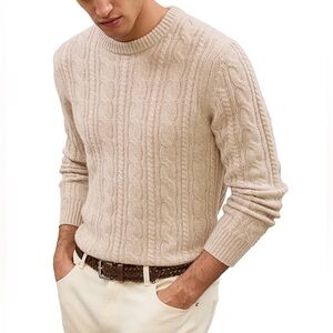 Reiss Men's Cable-Knit Crewneck Sweater in Light Beige